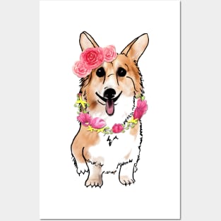 Happy Cute Corgi Dog with Roses Tulips Posters and Art